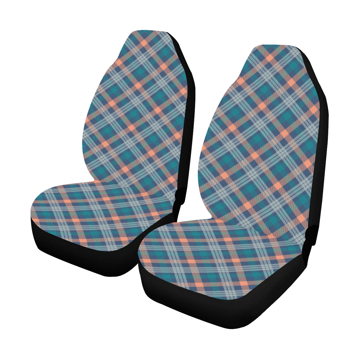 Blue Tartan Plaid Car Seat Covers Set 2 pc, Orange Check Pattern Front Seat Covers, Car SUV Seat Protector Accessory Starcove Fashion
