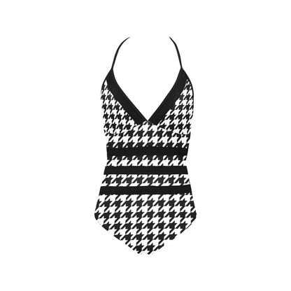 Houndstooth Lace Swimsuit Women, Pattern Black White One Piece Band Embossing Cute Designer Bathing Suit Padded Cups Plus Size Starcove Fashion