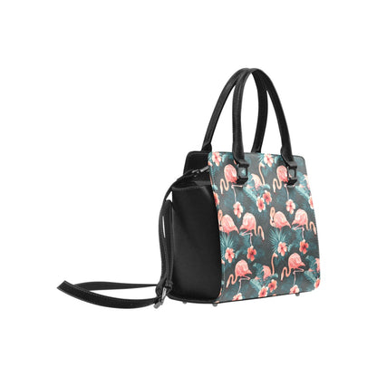 Pink Flamingo Purse Handbag, Cute Tropical Green High Grade Vegan Leather Designer Women Gift Satchel Top Zip Handle Bag Shoulder Strap