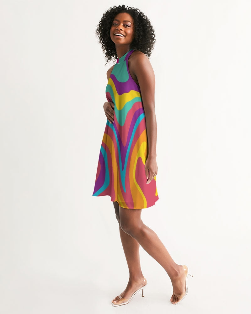 Funky Trippy Women Halter Dress, Colorful Retro Vintage 70s Summer Sleeveless Cocktail Mini Cute Handmade Designer Dress White base color / XL Funky Trippy Women Halter Dress, Colorful Retro Vintage 70s Summer Sleeveless Cocktail Mini Cute Handmade Designer Dress White base color / XL