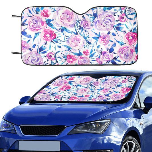 Watercolor Flowers Sun Windshield, Floral Pastel Pink Car Accessories Auto Shade Protector Window Visor Screen Cover Decor 55" x 29.53"