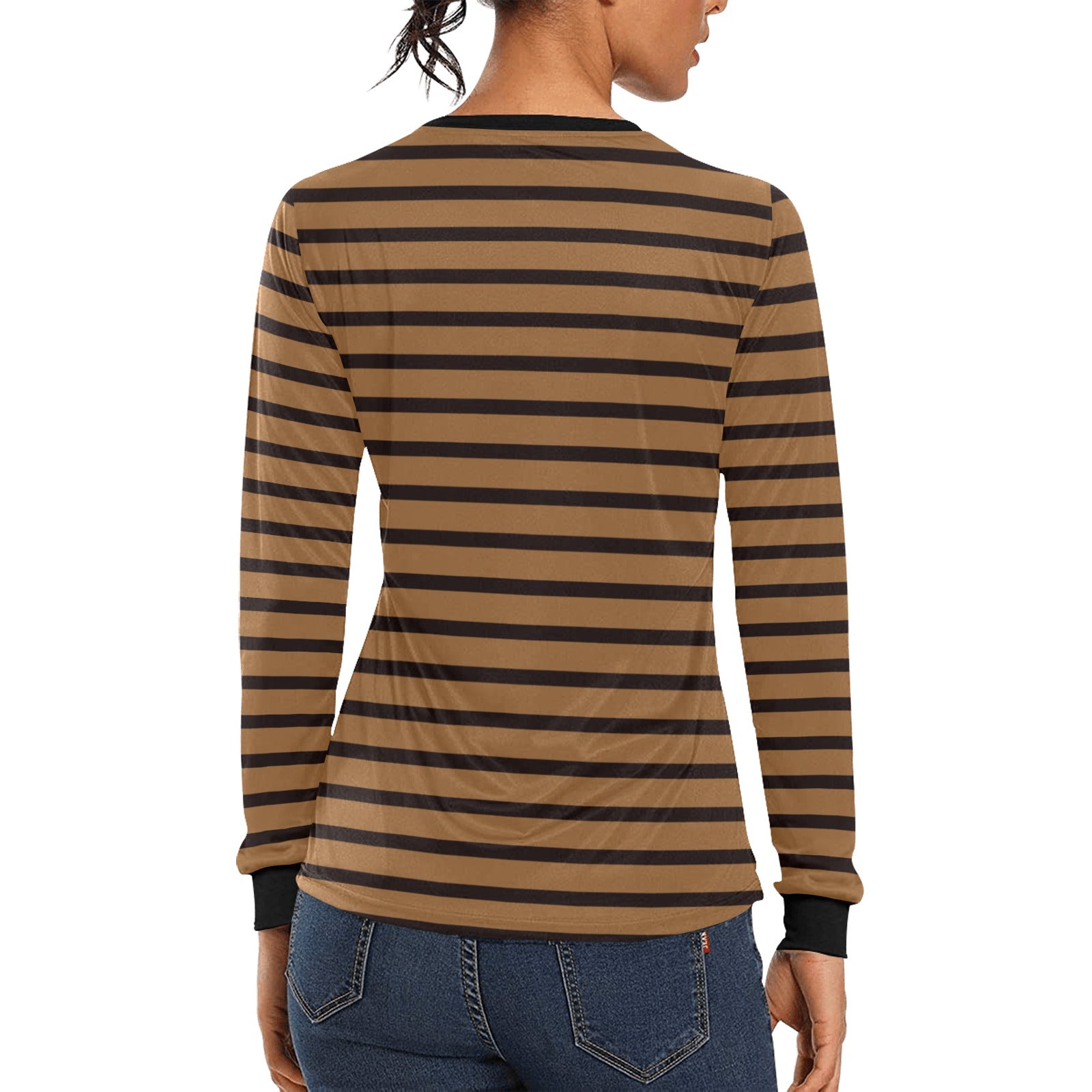 Black Brown Striped Women Long Sleeve Tshirt, Designer Graphic Aesthetic Crew Neck Ladies Tee Starcove Fashion