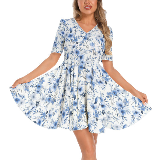 Blue White Floral Fit and Flare Hem Midi Dress Women, Flowers V Neck Short Sleeve Ruched Bust Print Summer Cocktail Party Ladies Sexy Casual