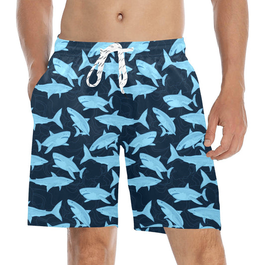 Navy Shark Men Swim Trunks, Blue Mid Length Shorts Beach Front and Back Pockets Mesh Linen Drawstring Casual Bathing Suit Summer Plus Size
