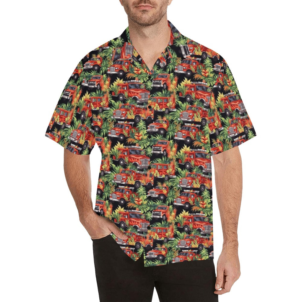 Fire Truck Men Hawaiian shirt, Tropical Fire Department Vintage Aloha Hawaii Retro Summer Beach Plus Size Cool Button Down Shirt Starcove Fashion