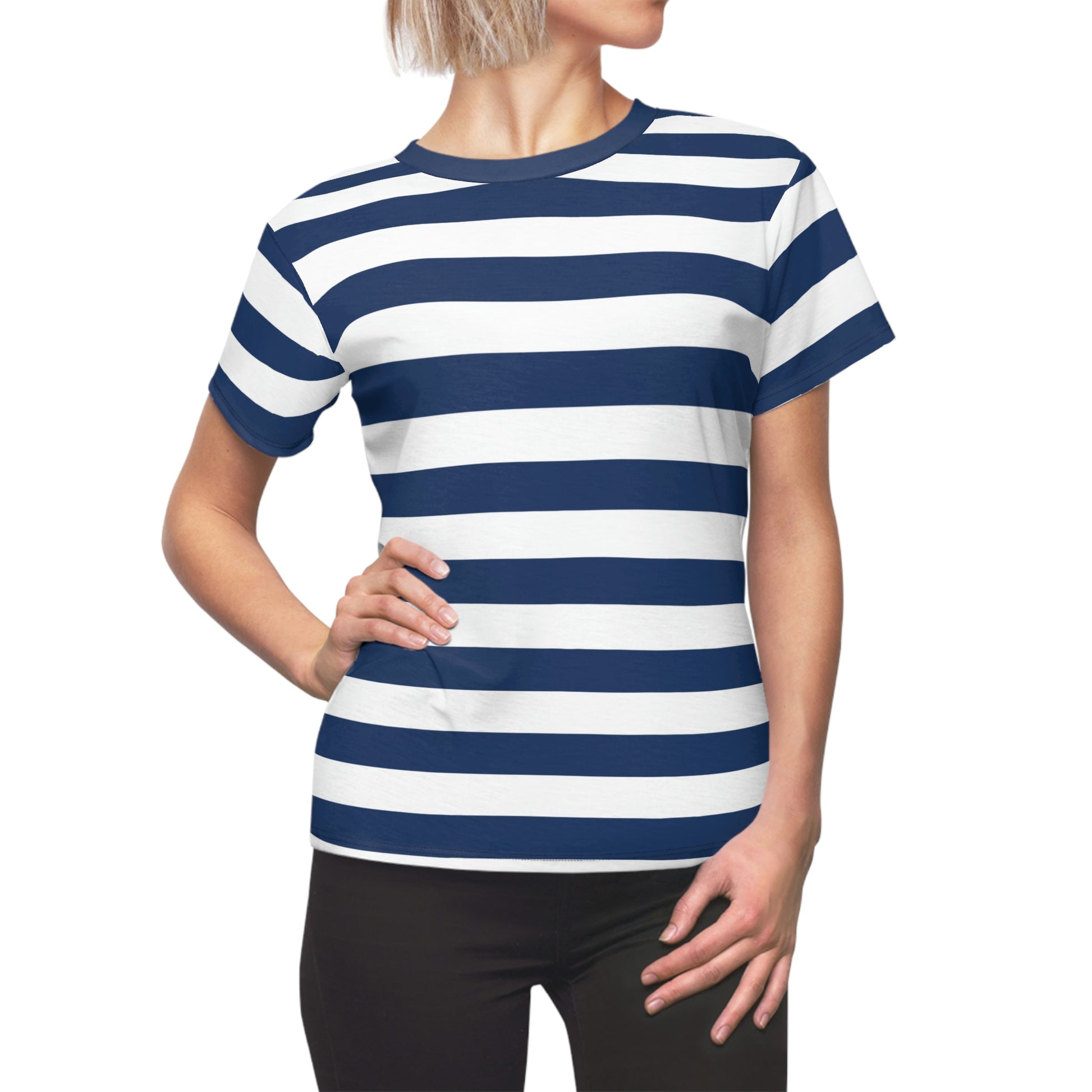 Blue and White Striped Women Tshirt, Vintage Designer Adult Graphic Aesthetic Fashion Fitted Crewneck Ladies Tee Shirt Top Starcove Fashion