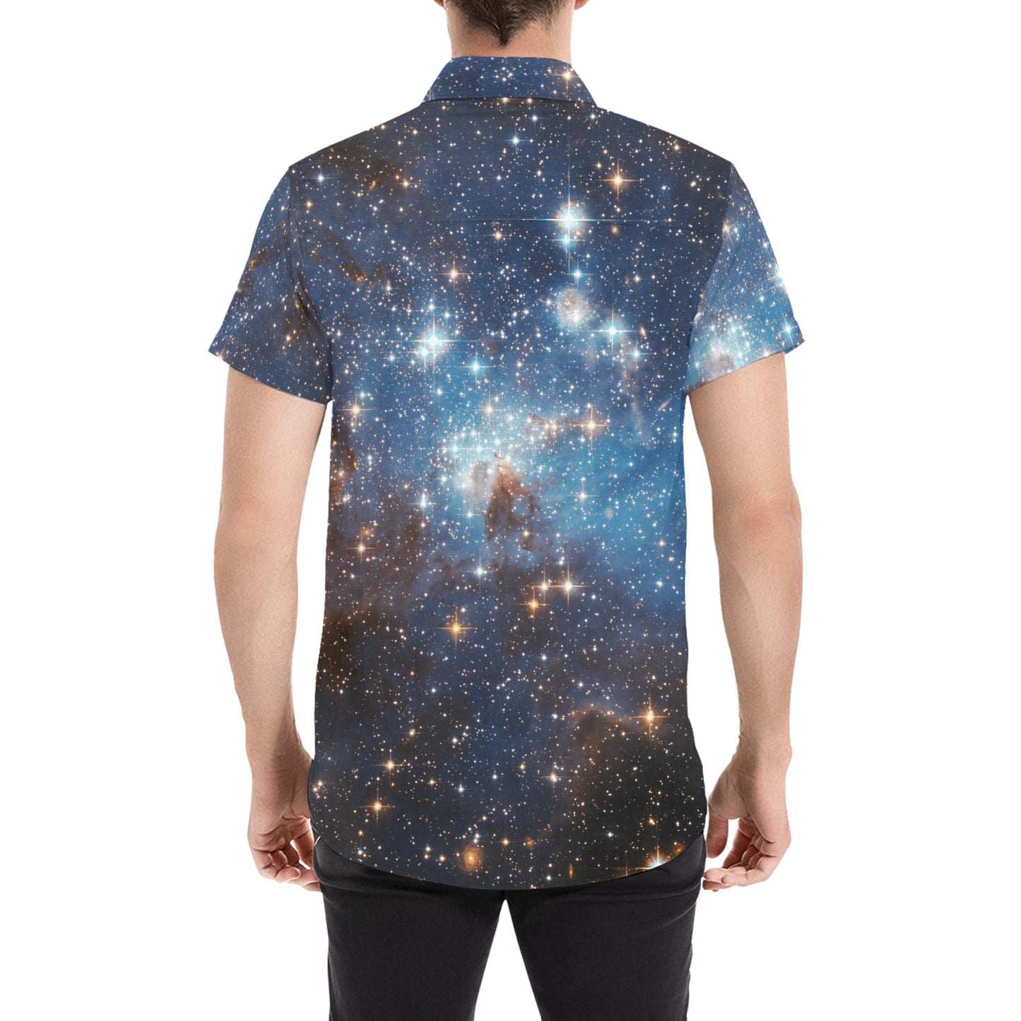 Galaxy Short Sleeve Men Button Down Shirt, Blue Outer Space Universe Astronomy Print Casual Buttoned Up Summer Collared Dress Plus Size Starcove Fashion