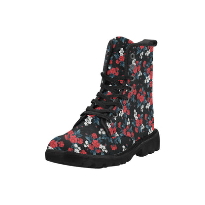 Red Roses Women's Boots, Floral Vegan Canvas Lace Up Shoes, Flower Magnolia Print Black Ankle Combat, Casual Custom Gift Starcove Fashion