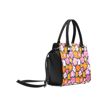 Groovy Pink Purse Handbag, Cute Retro Floral Orange Flowers Vegan Leather Designer Women Satchel Top Zip Handle Bag Shoulder Strap Starcove Fashion