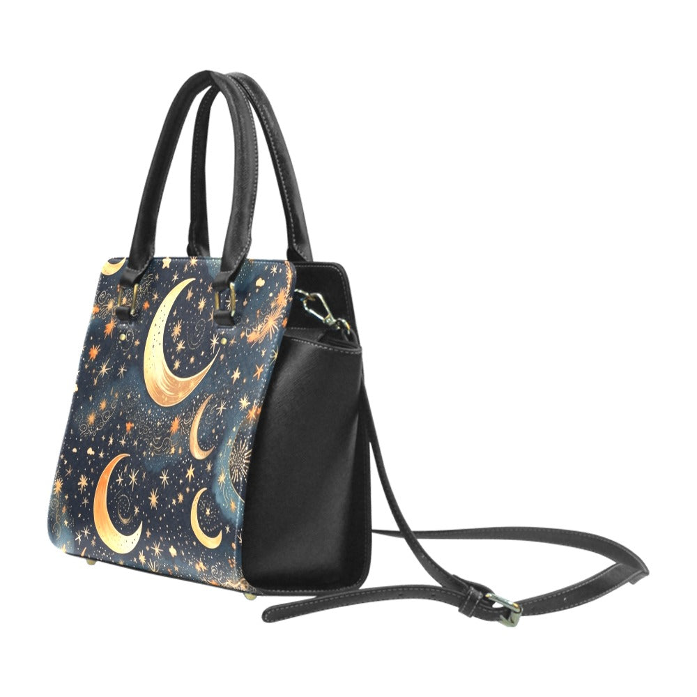 Moon and Stars Purse Handbag, Cute Celestial Vegan Leather Designer Women Gift Satchel Top Zip Handle Bag Shoulder Strap Ladies