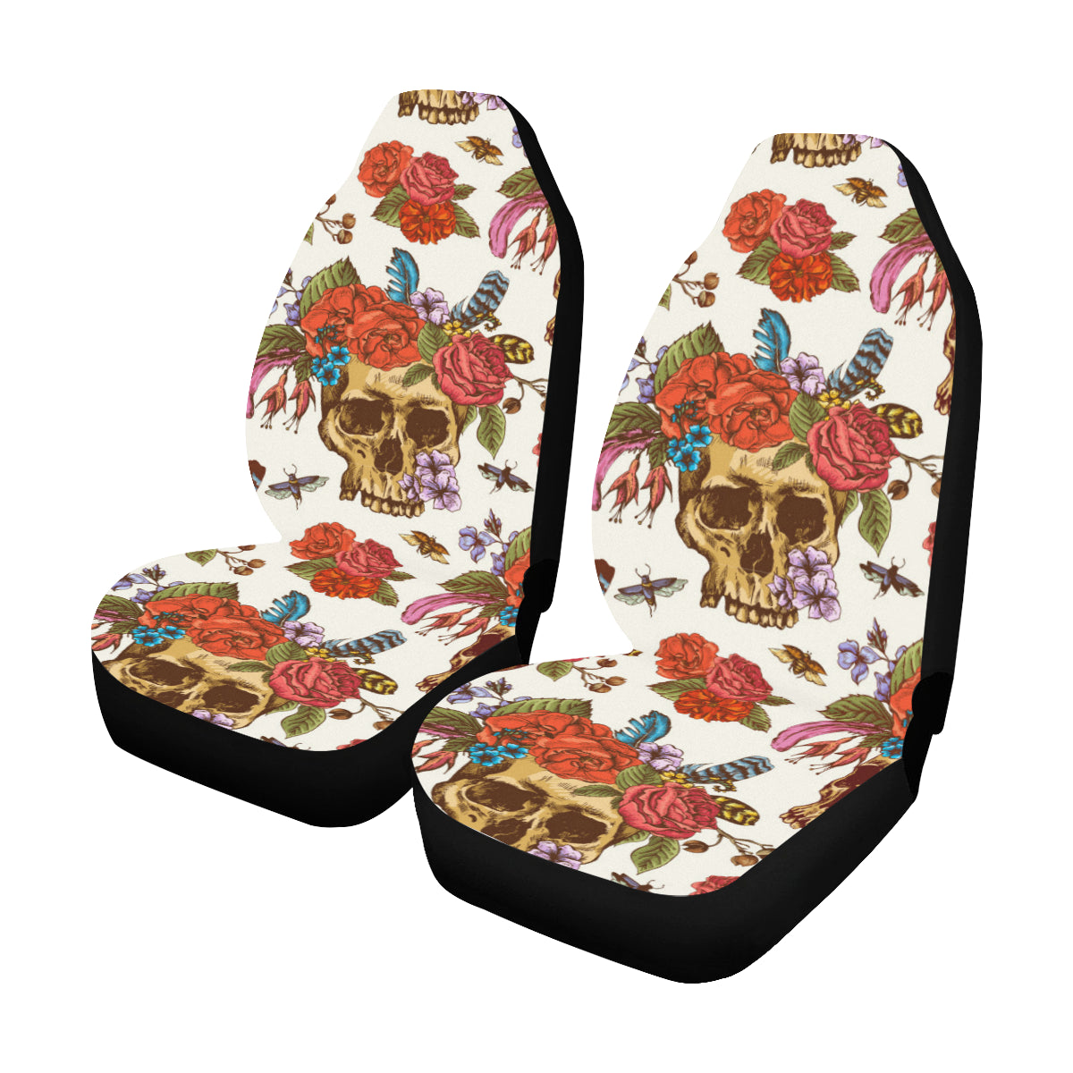 Sugar Skull Car Seat Covers 2 pc, Mexican Rose Skull Art Pattern Front Seat Covers, Car SUV Seat Protector Accessory Decoration Starcove Fashion