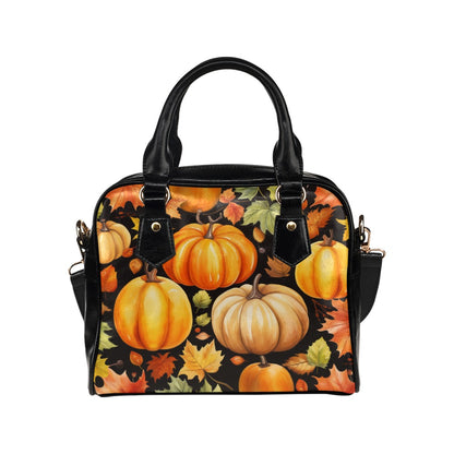 Fall Autumn Leather Purse, Vintage Leaves Pumpkins Cottagecore Fun Print Small Shoulder Vegan Leather Women Designer Ladies Handbag
