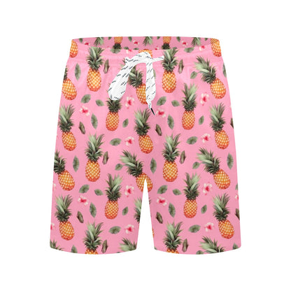 Pink Pineapple Men Swim Trunks, Tropical Mid Length Shorts Beach Surf Swimwear Front Back Pockets Mesh Lining Drawstring Bathing Suit Starcove Fashion