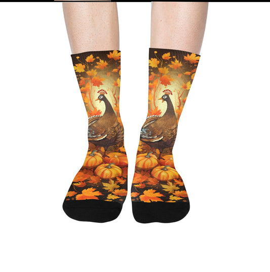 Thanksgiving Socks, Orange Fall Leaves Turkey Pumpkin Crew Sublimation Women Men Designer Fun Novelty Cool Funky Crazy Casual Unique Starcove Fashion