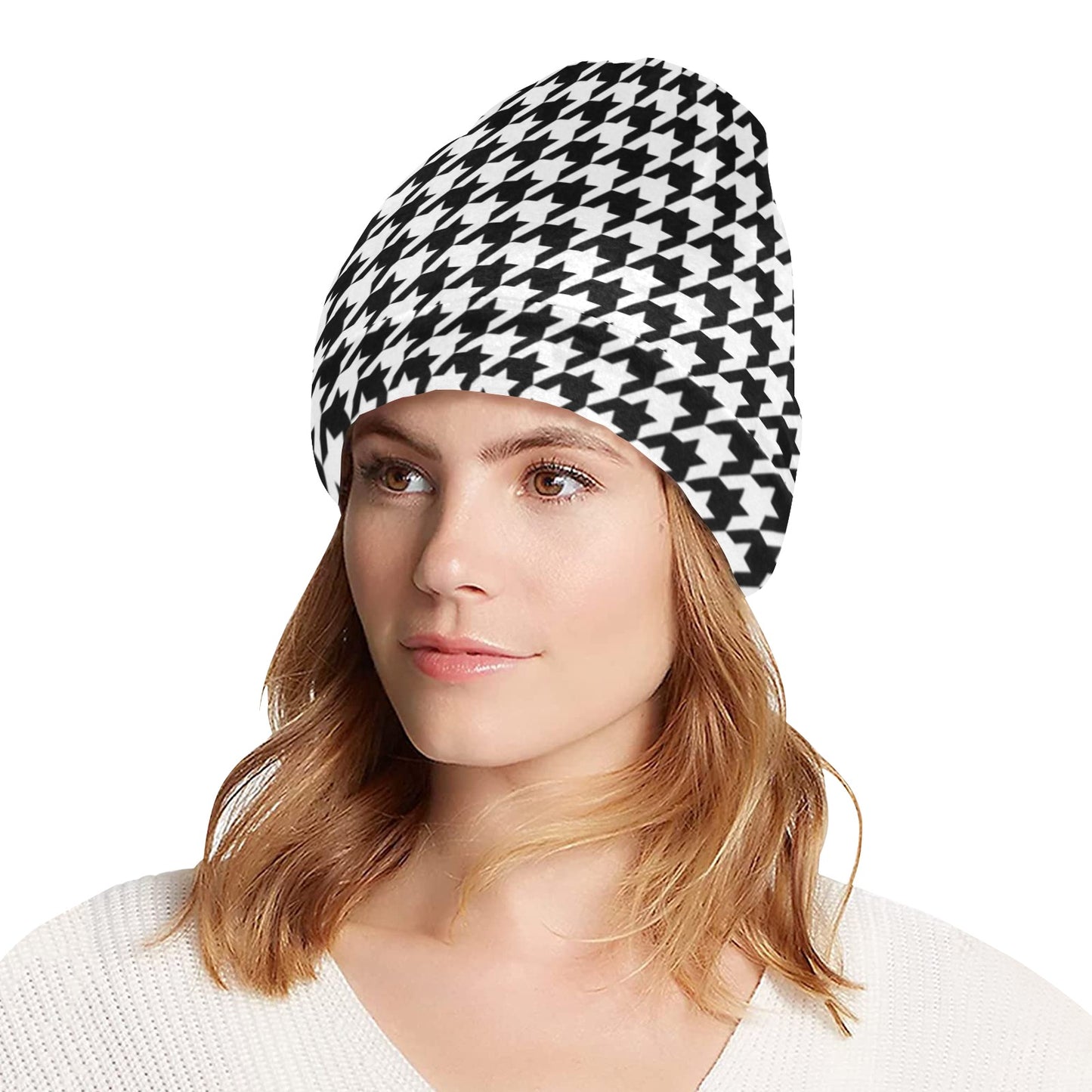 Houndstooth Beanie, Black White Pattern Soft Fleece Party Men