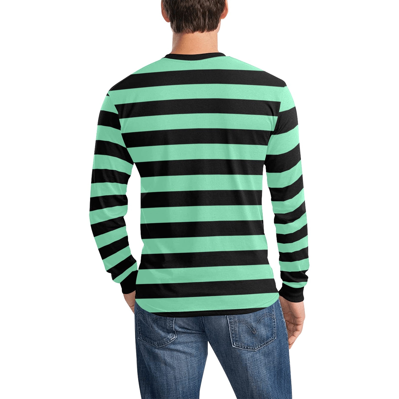 Black Green Men Long Sleeve Striped TShirt, Graphic Vintage Retro Broad Stripes Crewneck Unisex Women Designer Tee Starcove Fashion
