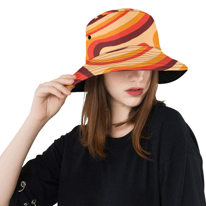 Retro Bucket Hat, 70s Groovy Orange Psychedelic Vintage Summer Festival Cute Women Men Designer Beach Sun Shade Y2K Cotton Twill