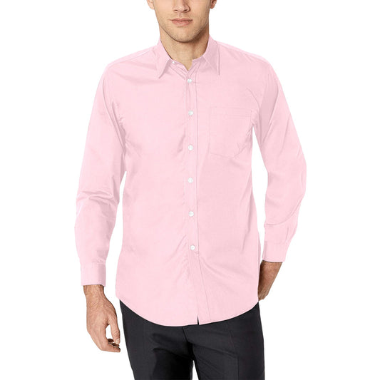Pastel Pink Long Sleeve Men Button Up Shirt, Solid Light Print Dress Buttoned Collar Dress Shirt with Chest Pocket