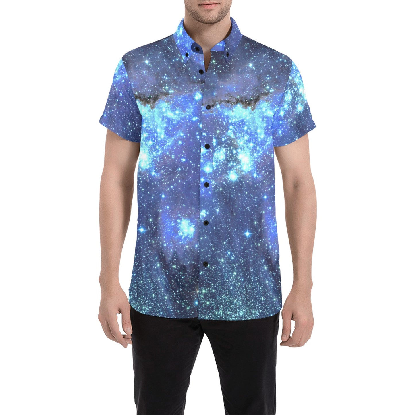 Blue Galaxy Short Sleeve Men Button Up Shirt, Space Astronomy Print Casual Buttoned Down Summer Dress Shirt Starcove Fashion