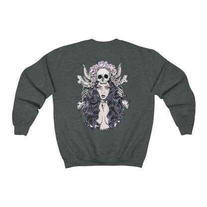 Witch Sweatshirt, Skull Roses Print on Back Graphic Goth Halloween Crewneck Sweater Jumper Pullover Men Women Adult Aesthetic Top Starcove Fashion