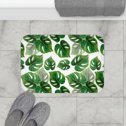 Tropical Green Bath Mat, Monstera Leaves Cute Shower Microfiber Bathroom Decor Non Slip Floor Memory Foam Large Small Rug