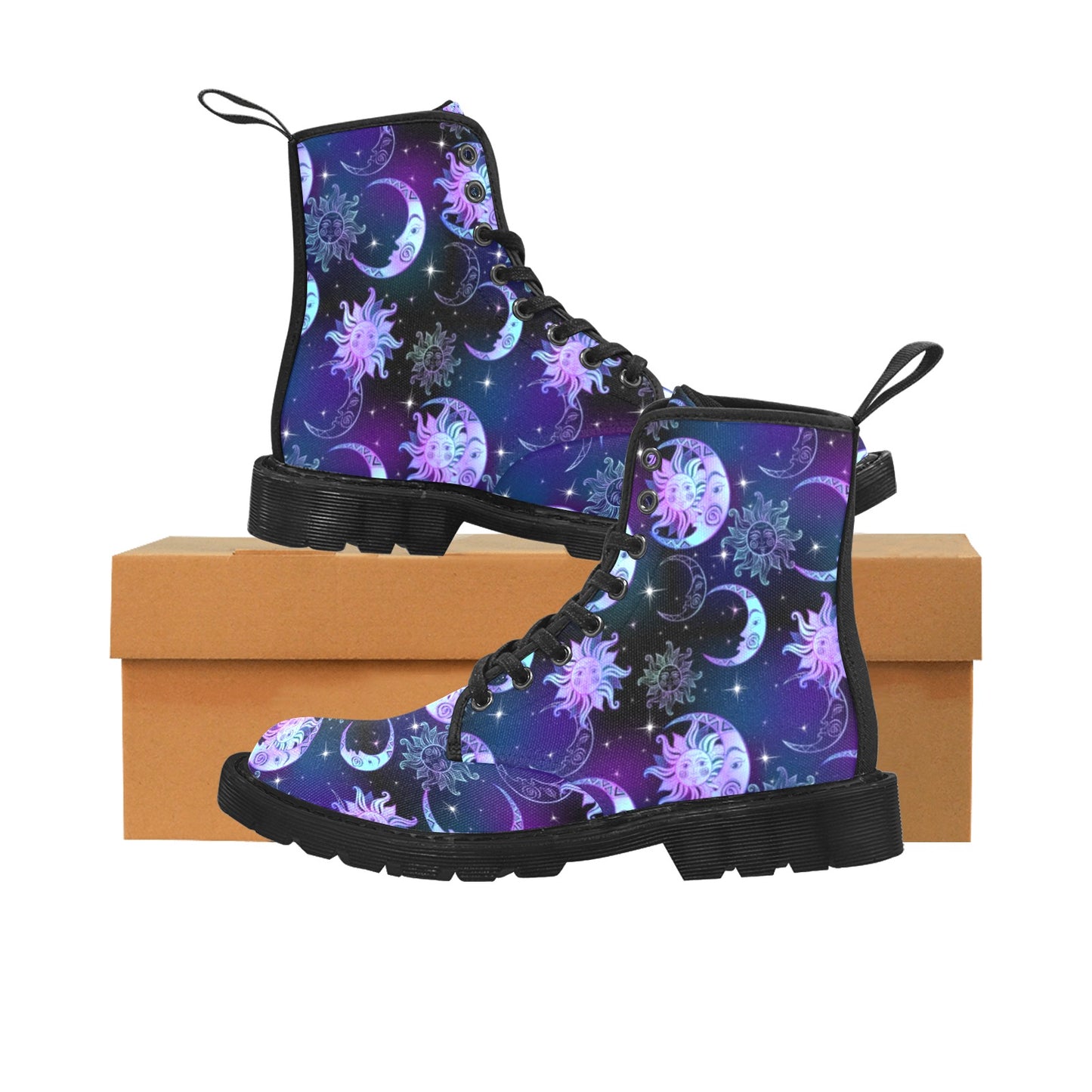 Sun Moon boots Women's Vegan Canvas Lace Up Shoes, Stars Oriental Galaxy Constellation Festival Print Black Ankle Combat Casual Custom Gift Starcove Fashion