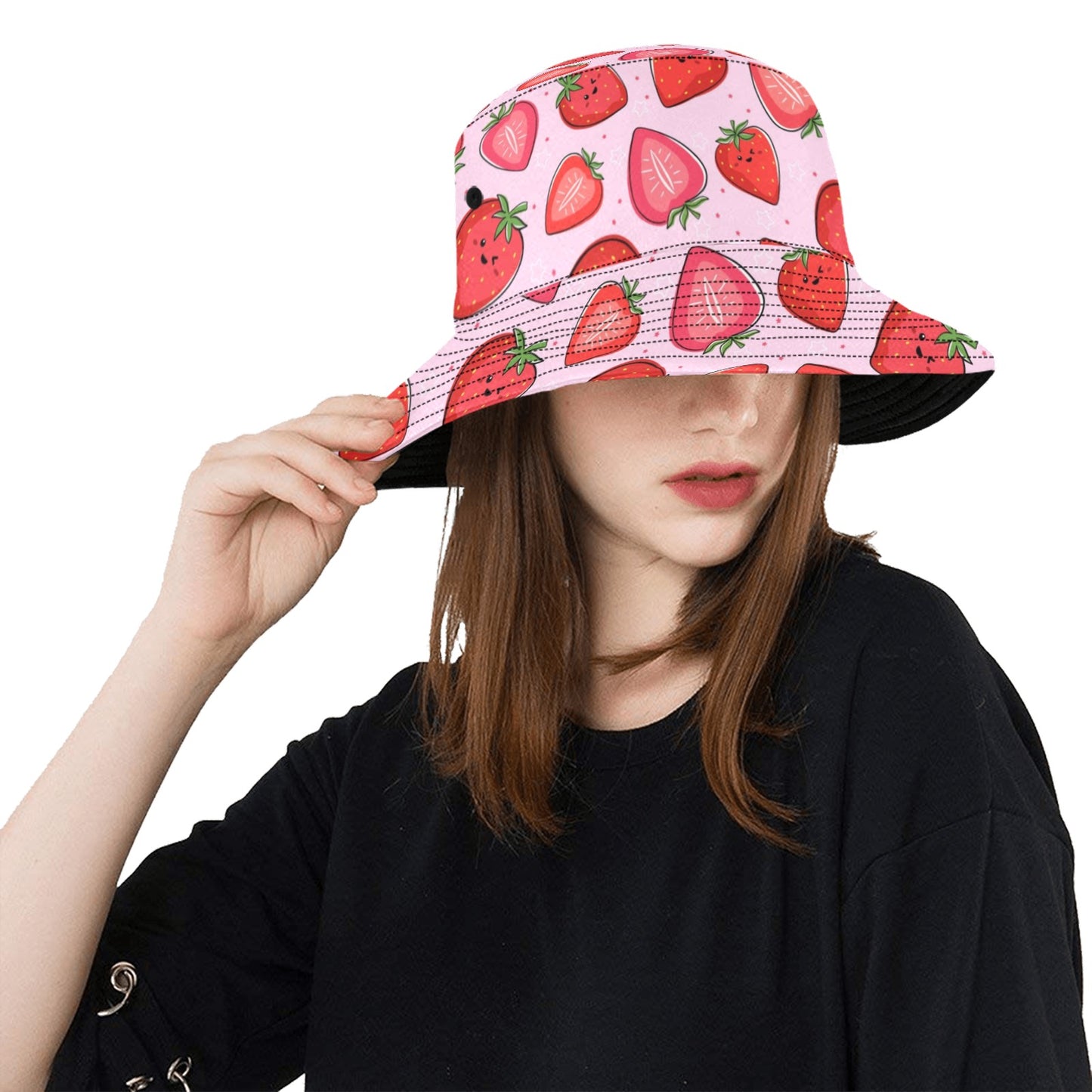 Strawberry Bucket Hat, Pink Fruit Retro Vintage Summer Festival Cute Women Men Reversible Designer Beach Sun Shade Y2K Cotton Twill Starcove Fashion