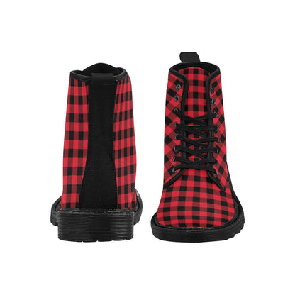 Red Buffalo Plaid Women's Boots, Black Check Lumberjack Vegan Canvas Combat Lace Up Shoes Print Army Gothic Winter Casual Ladies Designer