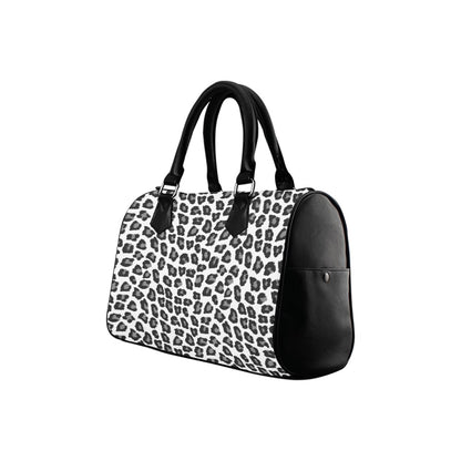 Snow Leopard Print Purse Handbag, Animal Black White Canvas and Leather Barrel Type Designer Zipper Closing Accessory Bag Gift Starcove Fashion