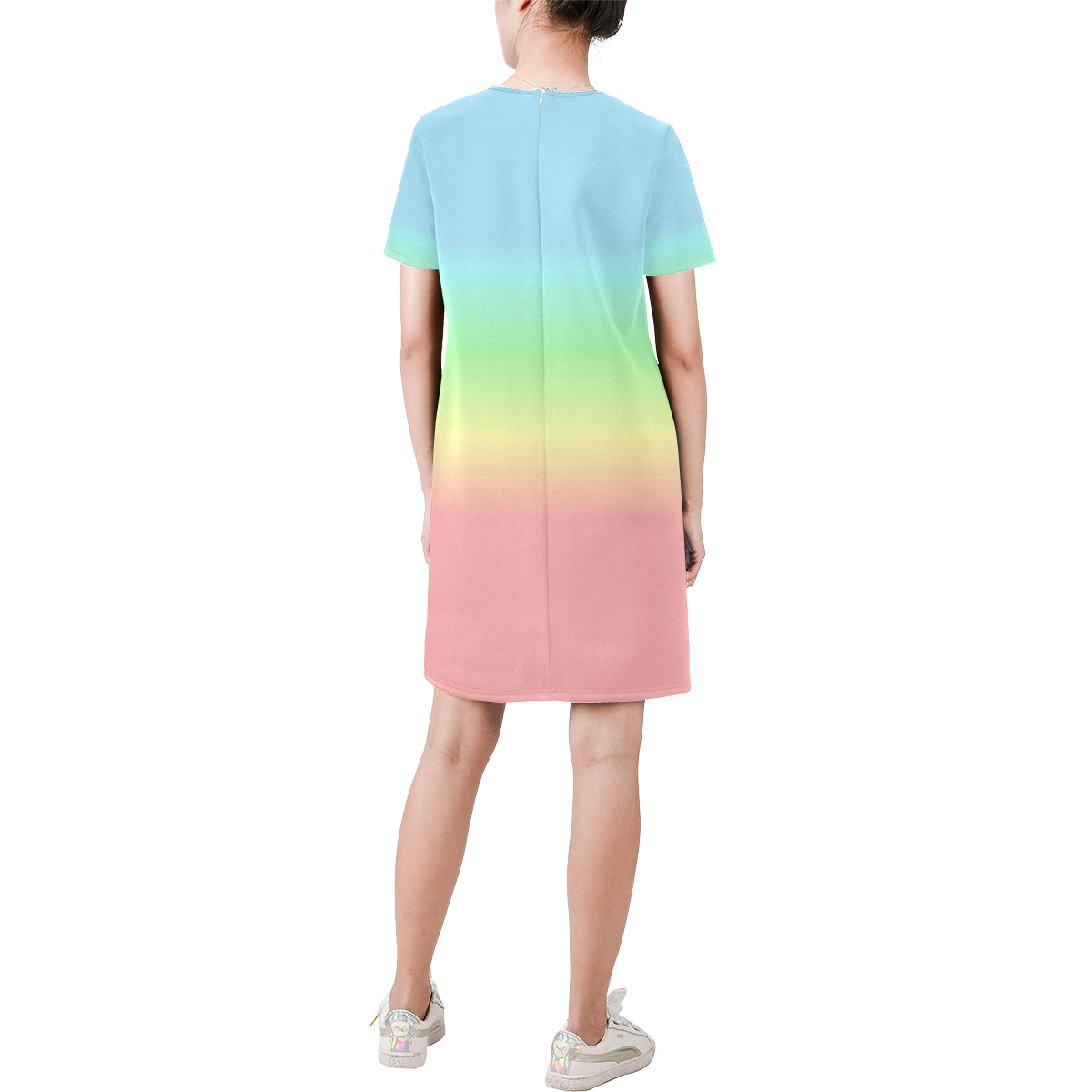 Pastel Rainbow Ombre Dress, Colorful Pink Blue Gradient Tie Dye Short-Sleeve Summer Round Neck A-Line Dress Starcove Fashion