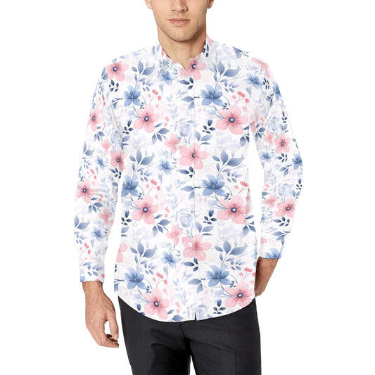 Pink Blue Floral Long Sleeve Men Button Up Shirt, White Flowers Print White Casual Buttoned Collared Designer Dress Shirt with Chest Pocket