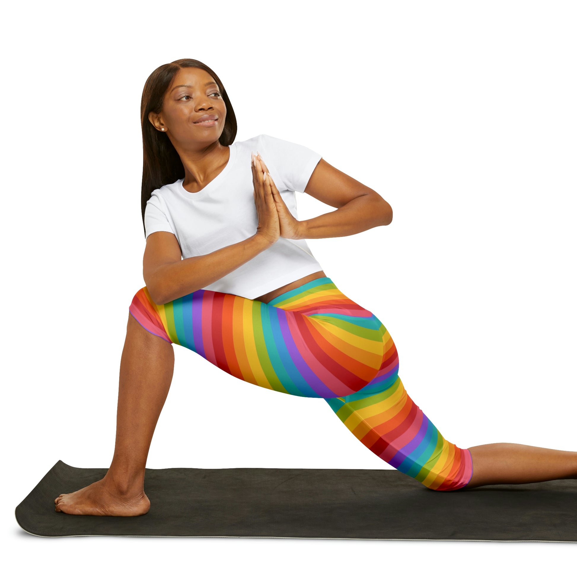 Rainbow Striped Capri Leggings Women, Knee Length Cropped Yoga Pants  Printed High Waist Workout Gym Fun Designer Tights Pockets