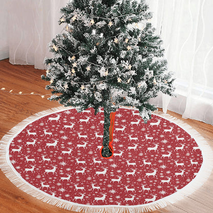 Red White Christmas Tree Skirt with Fringe, Snowflakes Reindeer Vintage Xmas Cover Decor Decoration 30 36 48 60 Inch Small Large Party
