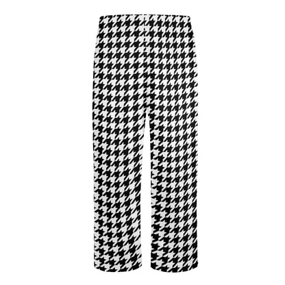 Houndstooth Men Pajamas Pants, Black White Pattern Satin PJ Sleep Trousers Couples Matching Trousers Bottoms