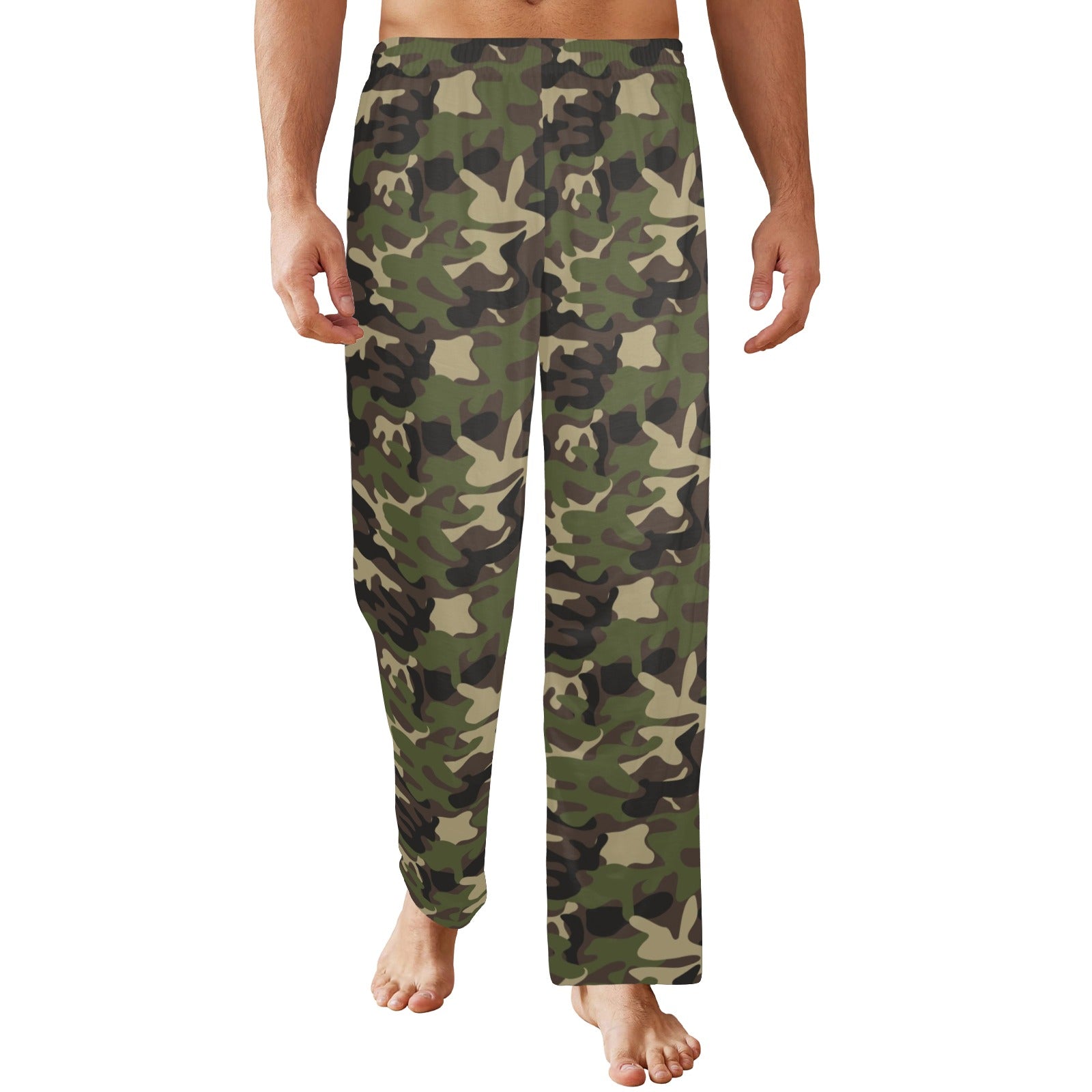 Camo Men Pajamas Pants, Green Camouflage Satin PJ Pockets Sleep Lounge Trousers Couples Matching Trousers Bottoms Starcove Fashion
