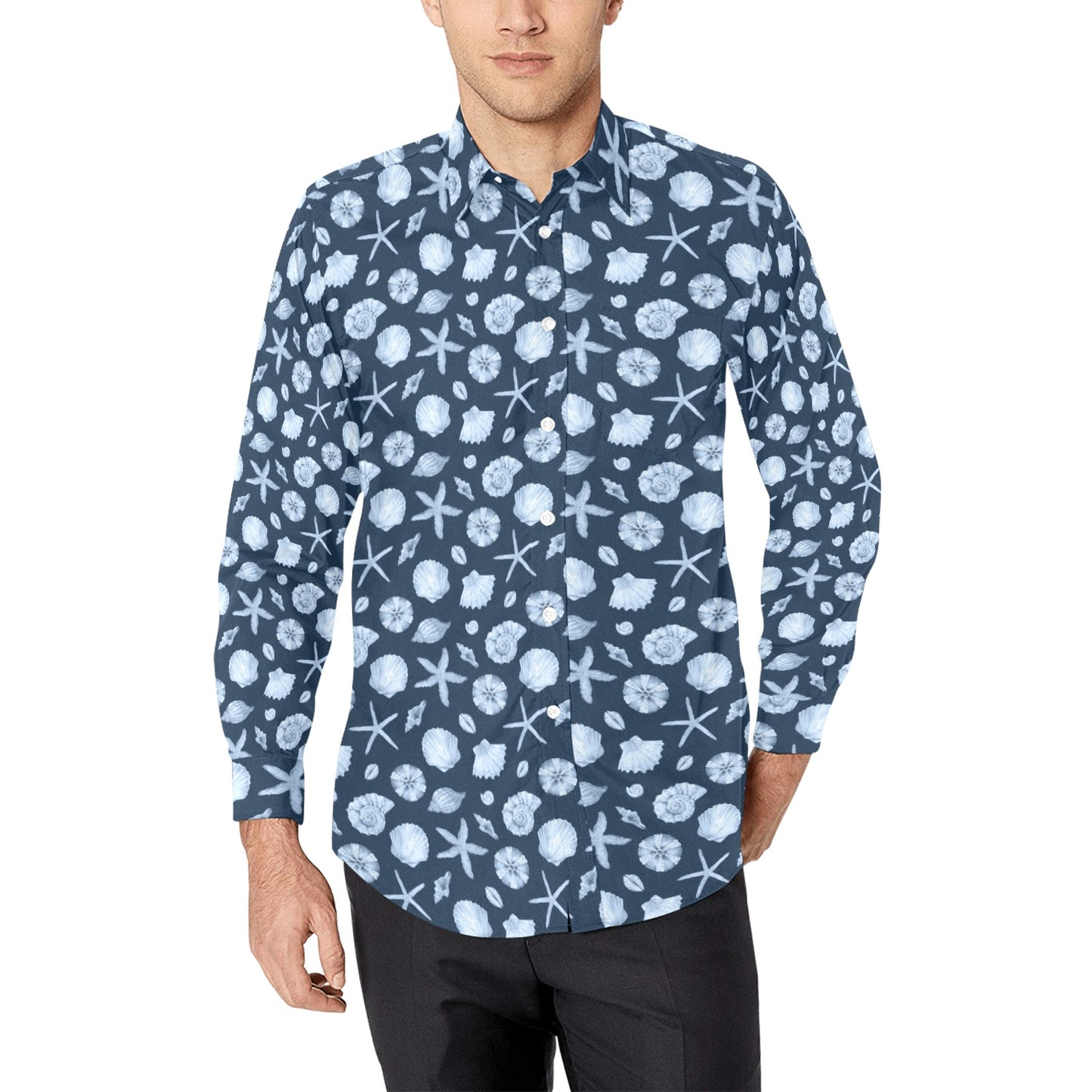 Ocean Men Button Up Shirt, Long Sleeve Beach Sea Shells Star Fish Blue Print Dress Buttoned Collar Dress Shirt with Chest Pocket Starcove Fashion