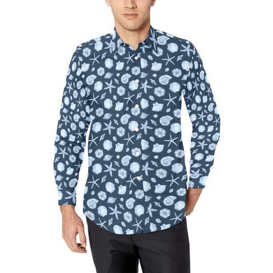 Ocean Men Button Up Shirt, Long Sleeve Beach Sea Shells Star Fish Blue Print Dress Buttoned Collar Dress Shirt with Chest Pocket