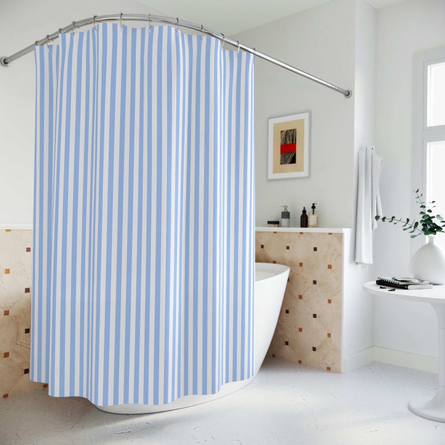 Blue Striped Shower Curtain, White French Farmhouse Fabric Unique Bath Bathroom Decor Cool Unique Home Gift 71" x 74"