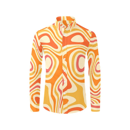 Retro 70s Long Sleeve Men Button Up Shirt, Groovy Funky Orange Yellow Psychedelic Print Dress Buttoned Collar Dress Shirt with Chest Pocket Starcove Fashion