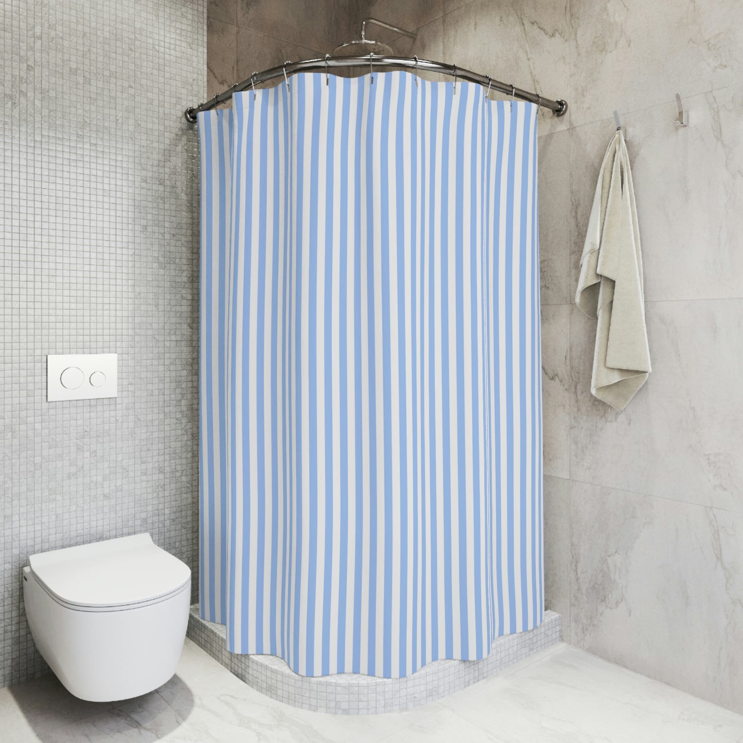 Blue Striped Shower Curtain, White French Farmhouse Fabric Unique Bath Bathroom Decor Cool Unique Home Gift 71" x 74"