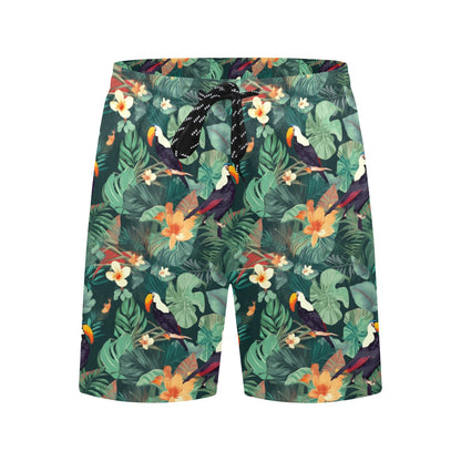 Toucan Men Swim Trunks, Tropical Green Leaves Mid Length Shorts Beach Surf Swimwear Front Back Pockets Mesh Lining Drawstring Bathing Suit Starcove Fashion