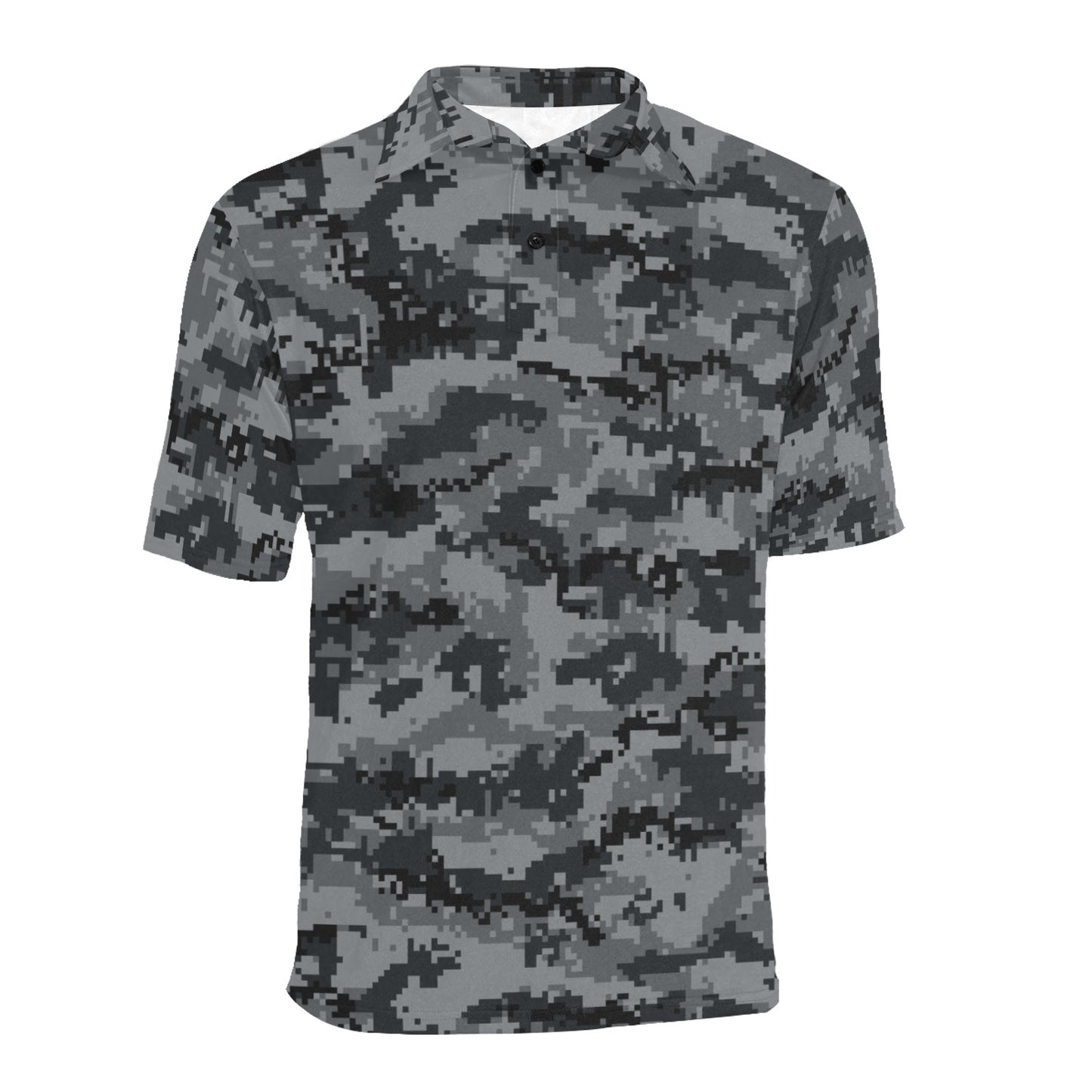 Camouflage Men Polo Collared Shirt, Digital Camo Grey Black Pattern Casual Summer Buttoned Down Up Shirt Short Sleeve Sports Golf Tee