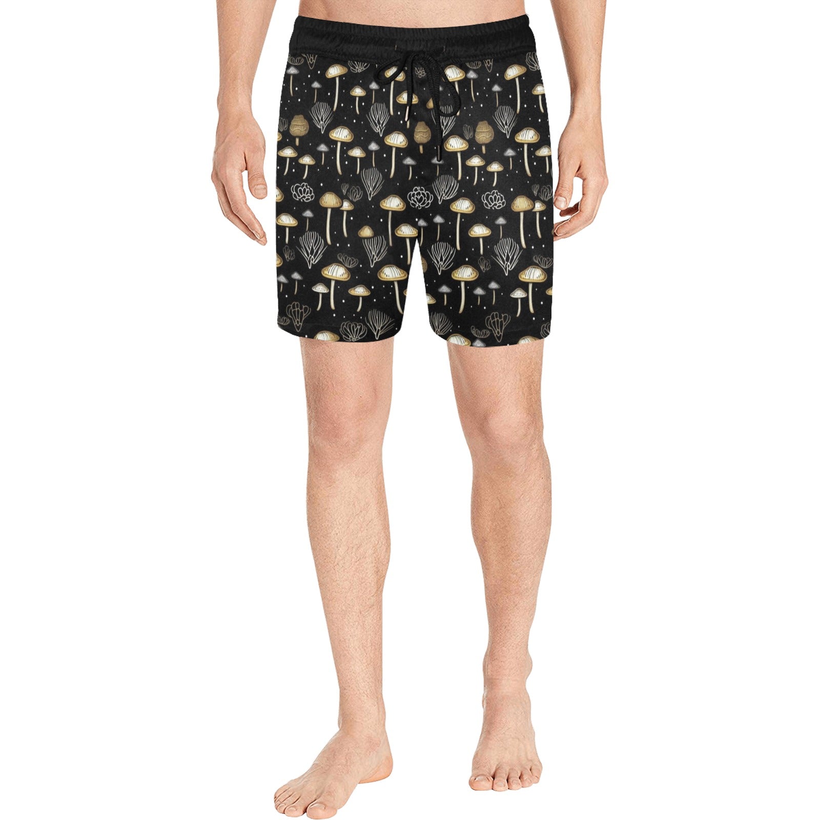 Mushroom Men Swim Trunks Shorts, Black Gold Print Art Mid Length Beach Pockets Mesh Drawstring Casual Designer Bathing Suit Summer Starcove Fashion