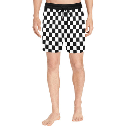 Checkered Men Mid Length Shorts, Black White Check Beach Swim Trunks with Pockets & Mesh Drawstring Boys Casual Bathing Suit Summer Starcove Fashion