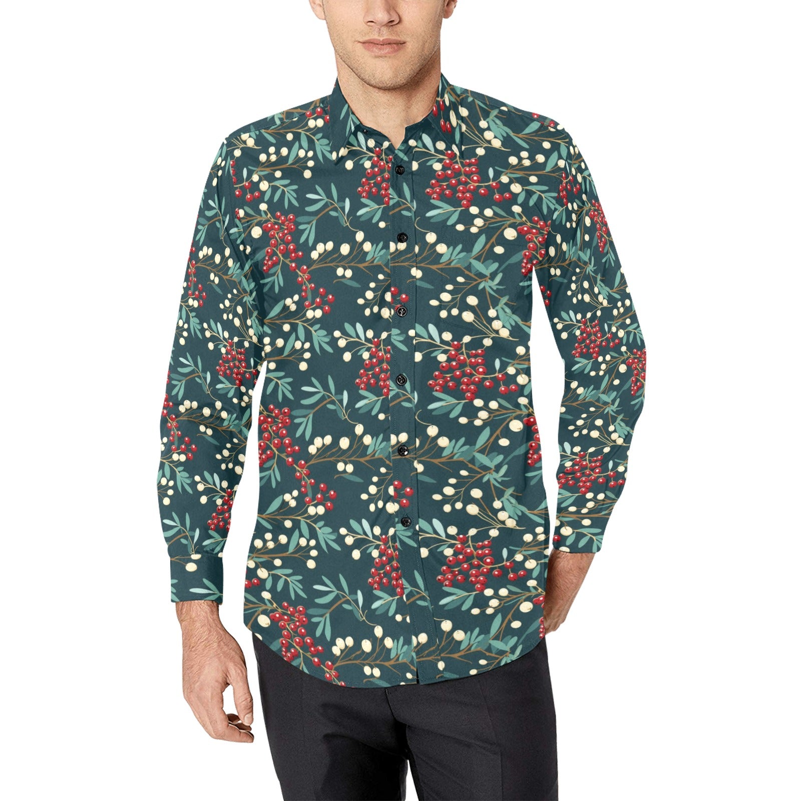 Mistletoe Long Sleeve Men Button Up Shirt, Green Christmas Berries Xmas Holiday Print Buttoned Down Guys Male Collared Casual Dress Shirt