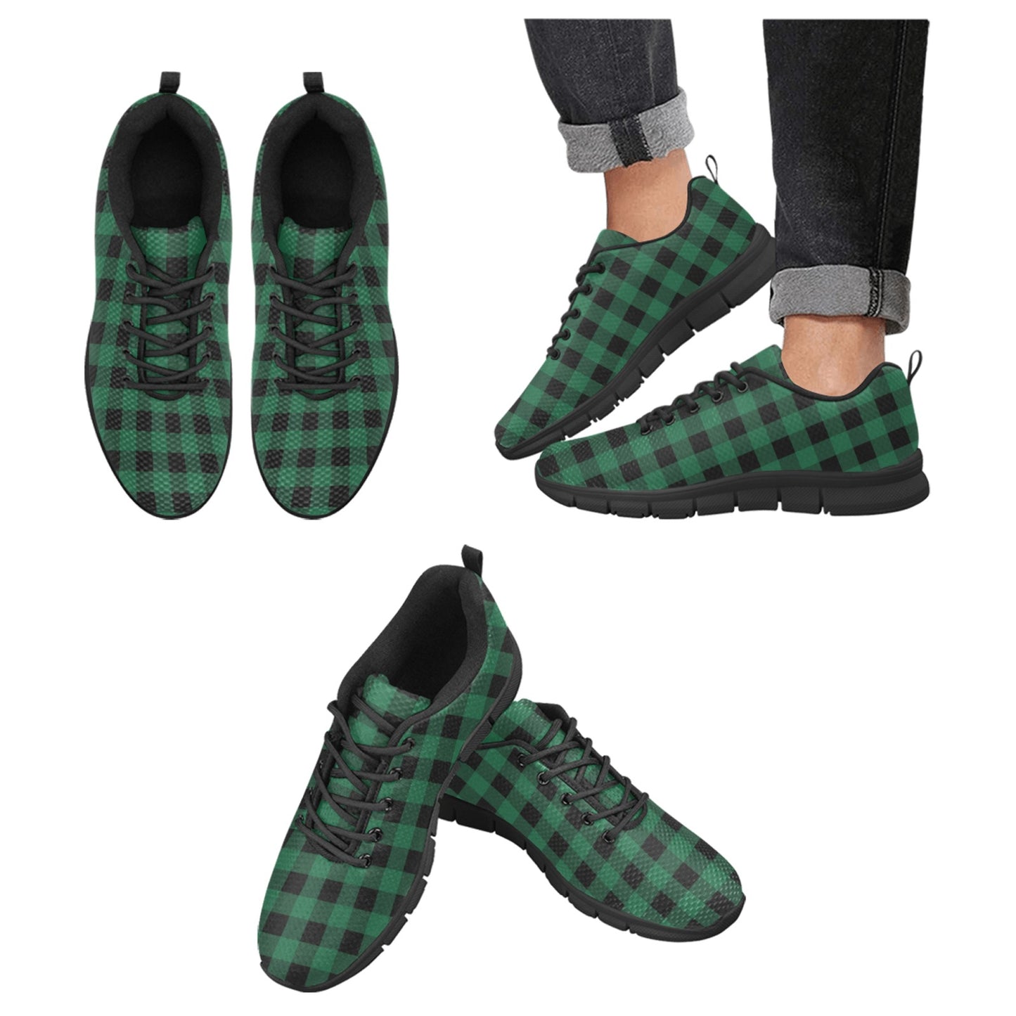 Green Buffalo Plaid Women Sneakers Shoes, Black Check Checkered Custom Cute Breathable Fashion Vegan Mesh Canvas Athletic Sports Starcove Fashion