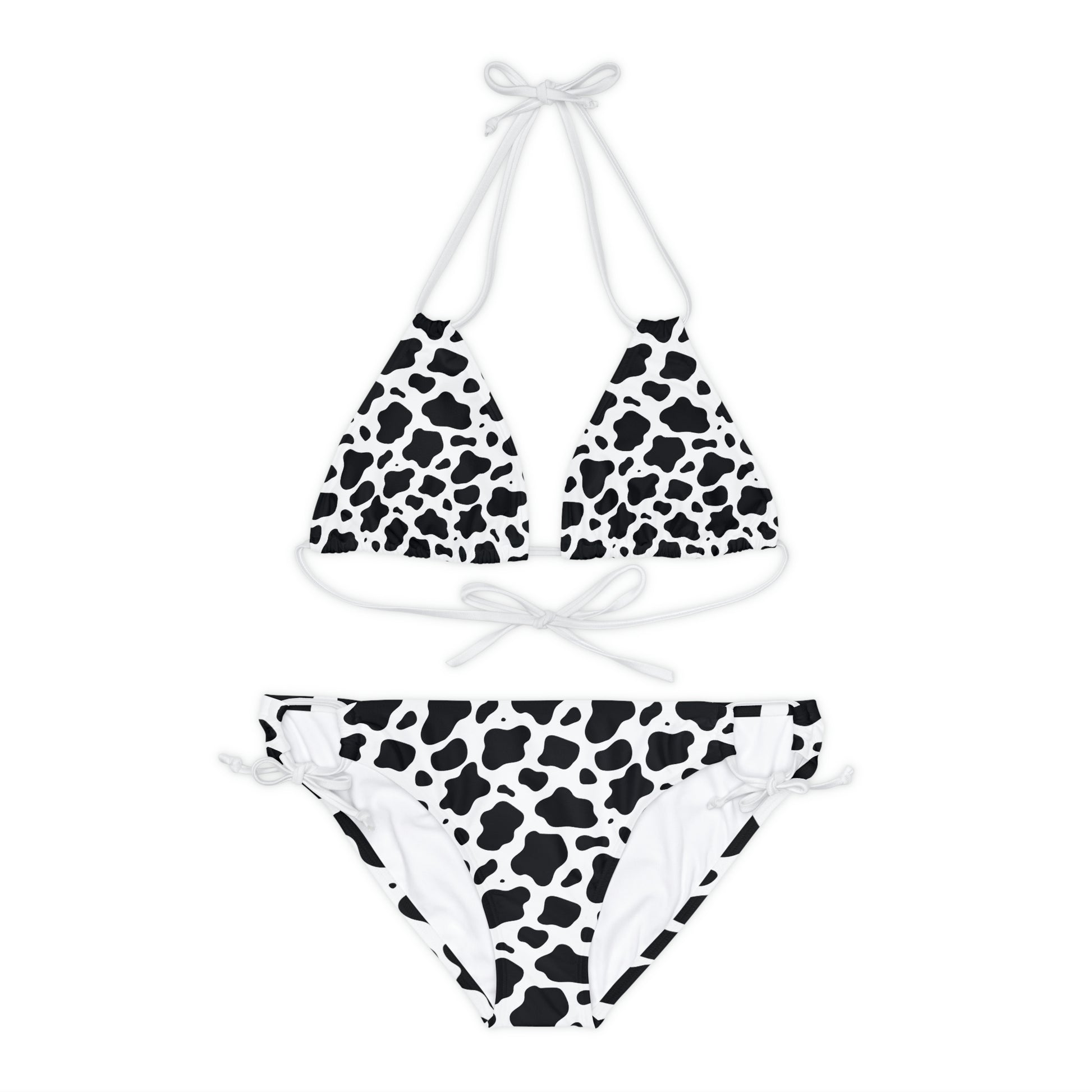 Cow Print String Bikini Set, Black White Animal High Waisted Cheeky Bottom Strappy Top Sexy Swimsuits Women Swimwear Starcove Fashion
