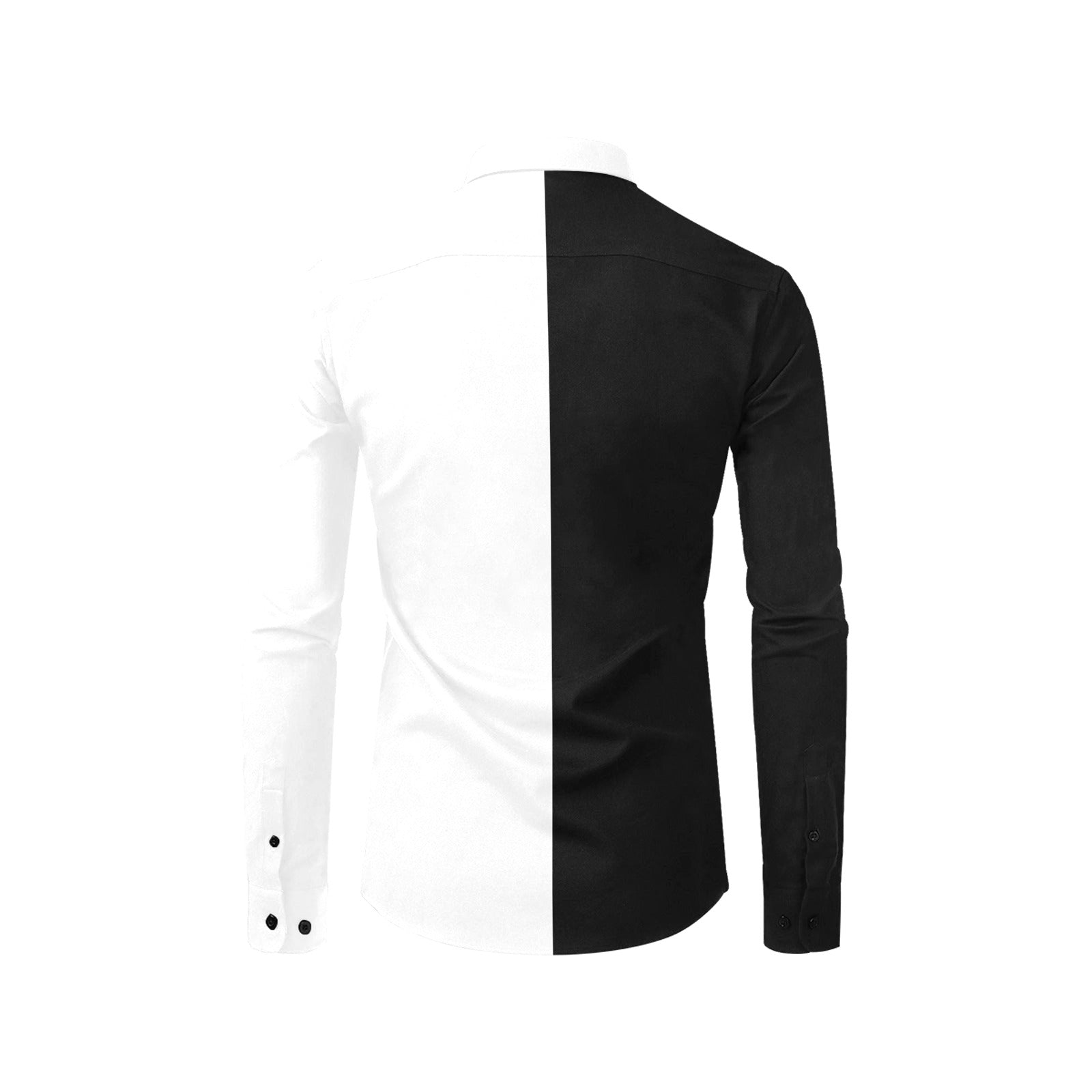 Half Black Half White Long Sleeve Men Button Up Shirt, Color Block Print Dress Buttoned Collar Dress Shirt with Chest Pocket Starcove Fashion