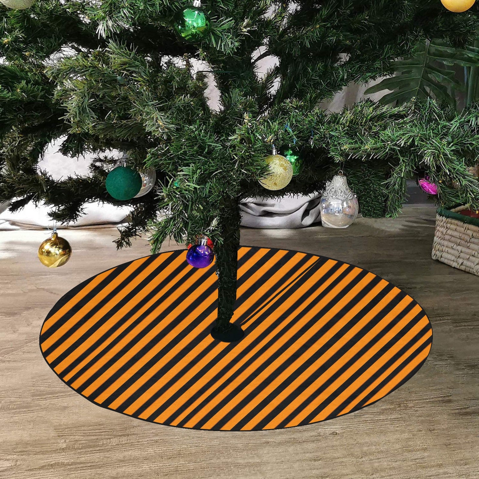Orange Black Striped Halloween Tree Skirt, Small Large Christmas Stand Base Cover Home Decor Decoration All Hallows Eve Creepy Spooky Party Starcove Fashion