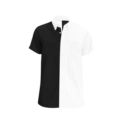 Black and White Short Sleeve Men Button Down Shirt, Half and Half Split Print Casual Buttoned Summer Dress Collared Plus Size
